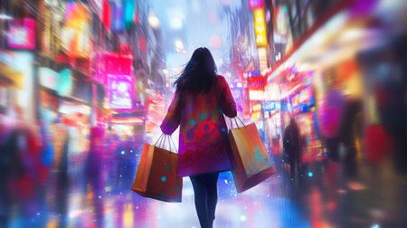 A woman shopping in a vibrant urban market during the eveningの素材