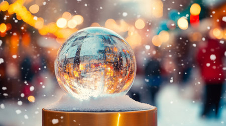 Charming snow globe reflecting holiday lights at a bustling winter market in the eveningの素材