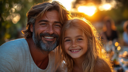 Father and daughter enjoying a joyful sunset moment together during a summer gathering in a serene outdoor setting. Generative AIの素材