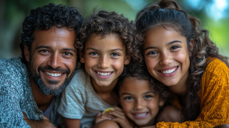 A joyful family portrait with two children and their father enjoying a sunny day in a natural outdoor setting. Generative AIの素材