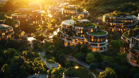 Modern eco-friendly buildings surrounded by lush greenery at sunset in a residential areaの素材