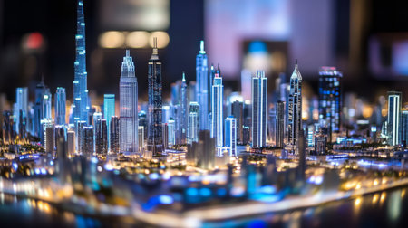 A detailed model of Dubais skyline, lit up at nightの素材