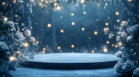 Enchanted garden setting with soft lights and flowers illuminated at duskの素材