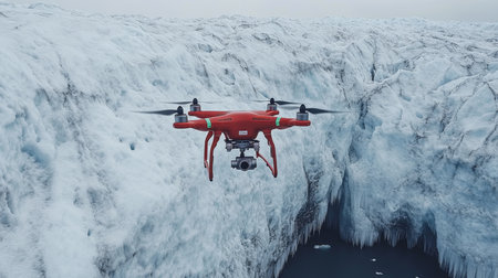 A red drone flies over a glacier, capturing breathtaking aerial views of the icy landscape on a cloudy day. Generative AIの素材