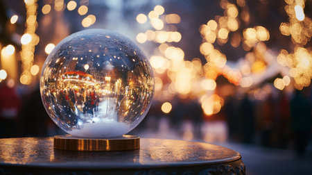 Delightful snow globe centerpiece amidst festive holiday lights in bustling winter marketの素材