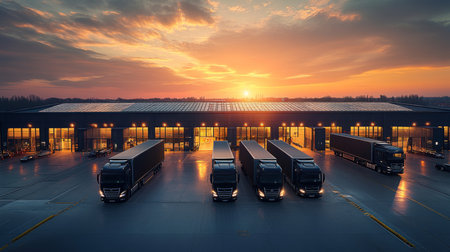 Trucks lined up outside a logistics center at sunset with vibrant clouds and warm lighting illuminating the facility. Generative AIの素材