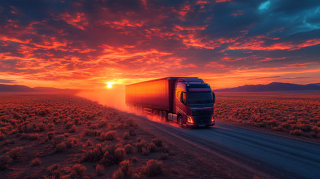 A modern truck drives through an expansive desert landscape under a vibrant sunset in the evening light. Generative AIの素材