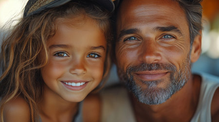 A joyful father and daughter share a warm moment at the beach during sunset, capturing their smiles and connection. Generative AIの素材