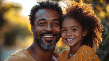 A father and daughter share joy outdoors in a sunny park during golden hour, showcasing a loving bond and happiness. Generative AIの素材