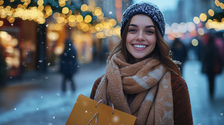 Young woman happily carrying shopping bags in festive winter setting with twinkling lightsの素材