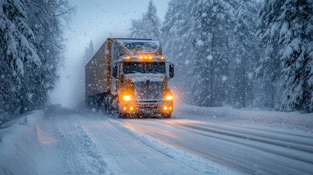 A large truck navigating a snow-covered road in a winter storm during the early morning hours near a forested area. Generative AIの素材