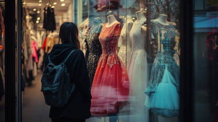 A young woman admiring elegant dresses in a boutique window during an evening strollの素材