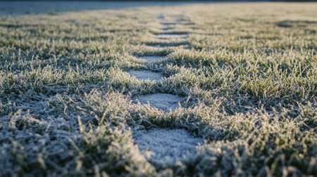 Frosty morning in grassy field with clear footsteps leading toward the horizon at sunriseの素材