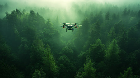 A drone explores a dense forest during early morning, capturing the mist and treetops in a tranquil atmosphere. Generative AIの素材