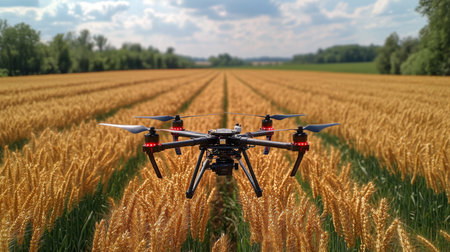 Drone flying over golden wheat field during daytime in rural landscape, capturing agricultural data for farmers. Generative AIの素材