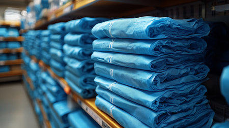 Stacks of neatly folded blue fabric on shelves in a textile store during the afternoon. Generative AIの素材