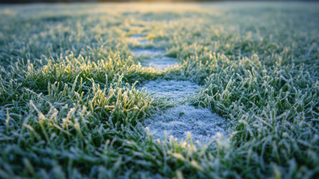 Frost-covered grass with footprints in a serene morning landscape at dawnの素材