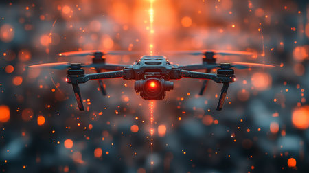 A drone hovers in a vibrant environment with glowing lights and particles, capturing dynamic aerial perspectives at dusk. Generative AIの素材