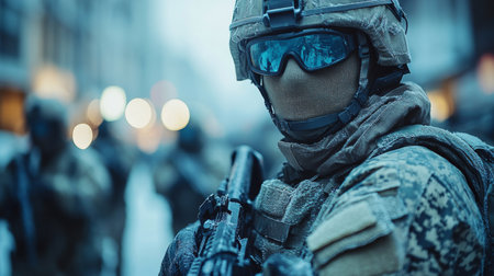 In a winter city environment, soldiers in tactical gear stand ready for action, demonstrating focus and unity while engaging in a military operationの素材
