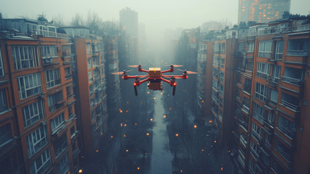 Drone flying over a foggy city street at dusk with orange-brick buildings lining the pathway. Generative AIの素材