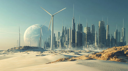 Futuristic city with wind turbines in a desert landscape under a vast planet at dawnの素材