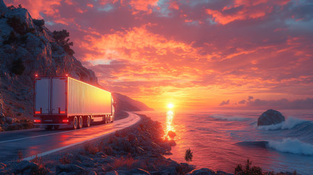 A freight truck drives along a coastal road at sunset with vibrant skies and ocean waves, capturing a tranquil moment. Generative AIの素材