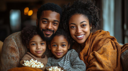 Family enjoying movie night at home with popcorn in cozy sweaters during winter evening together. Generative AIの素材