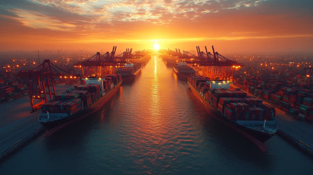 A breathtaking sunset over a bustling port filled with container ships and cranes, showcasing trade activities in the golden hour. Generative AIの素材