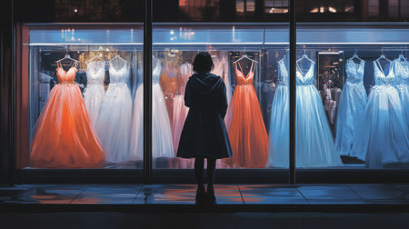 A shopper admires elegant evening gowns displayed in boutique window at night in the cityの素材