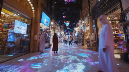 People walk through a brightly lit market in Dubaiの素材