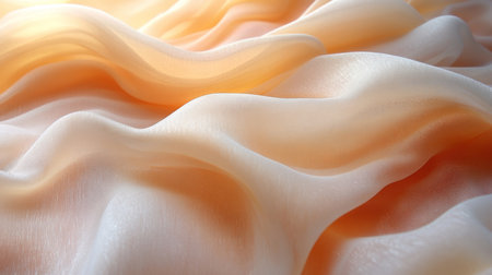 Softly flowing silk fabric in warm peach tones creating gentle waves and texture, illuminated by natural light. Generative AIの素材