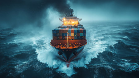 A cargo ship navigates stormy seas while delivering goods at night under dramatic skies. Generative AIの素材