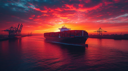 A cargo ship navigates through the harbor at sunset, surrounded by colorful skies and towering cranes. Generative AIの素材