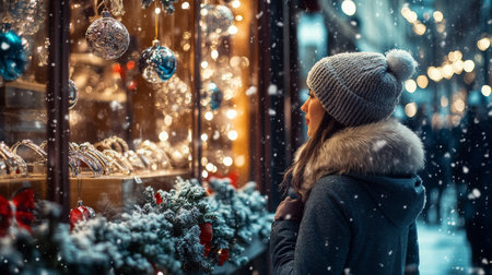 A woman looks at a Christmas display in a snowy cityの素材