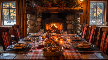 A cozy cabin table is set for a meal by a roaring fireplaceの素材