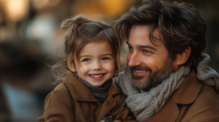 A father and daughter smile happily together in a cozy outdoor setting during the golden hour of a crisp autumn afternoon. Generative AIの素材