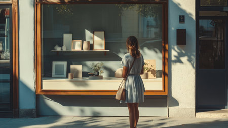 Woman admiring curated art display in a sunlit shop window during a warm afternoonの素材