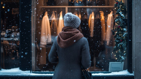 Person admiring winter fashion in a snowy city while shopping on a festive dayの素材