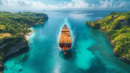 A large cargo ship navigates turquoise waters surrounded by lush green cliffs on a bright sunny day in a tropical paradise. Generative AIの素材