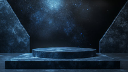 A dark cosmic scene with a circular platform and starry backdrop for presentationsの素材