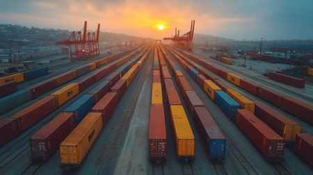 Colorful shipping containers lined along railway tracks at sunset in a bustling port, highlighting trade and transportation. Generative AIの素材