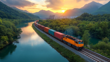 A vibrant sunset over a freight train traveling along a river surrounded by mountains and greenery in an urban area. Generative AIの素材