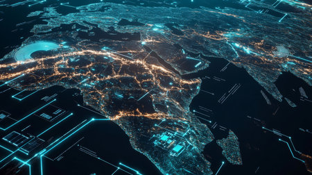 Aerial view of illuminated Europe and Africa showcasing digital advancements at nightの素材