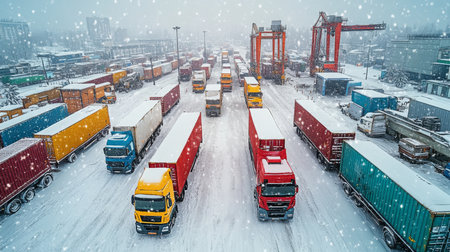 Snow-covered truck yard with colorful containers and vehicles operating in winter conditions during daytime. Generative AIの素材