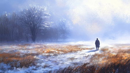 A solitary figure walks through a snowy landscape at dawn in a tranquil winter sceneの素材