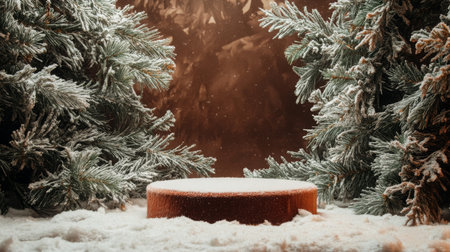 A snowy forest scene with a round, brown platform in the centerの素材