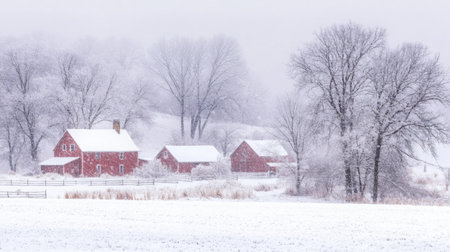 Red barns stand on a snowy hill during a winter stormの素材