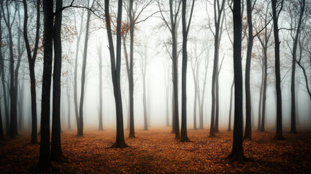 Misty forest with bare trees and fallen leaves during autumn in a serene landscapeの素材