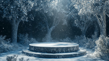 A serene snow-covered clearing with a circular platform surrounded by treesの素材