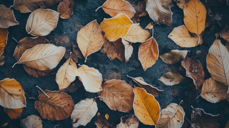 Autumn leaves covering the ground in a serene outdoor setting during late afternoon lightの素材